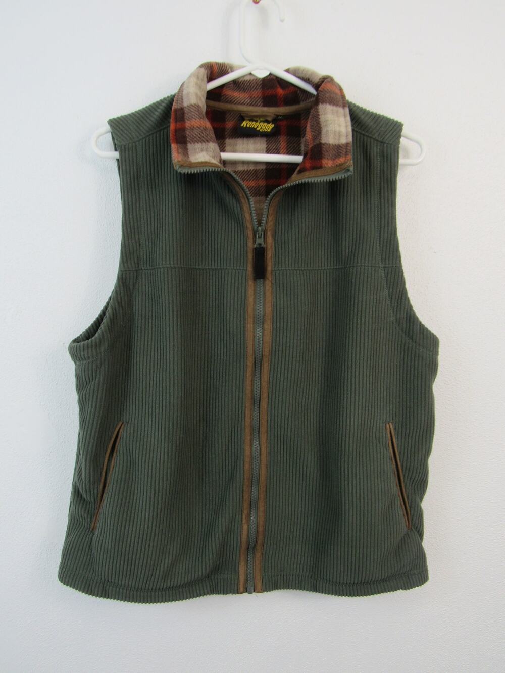 Renegade Club Medium Ribbed Knit Green Full Zip Up W/ Plaid Lining Vest Men's